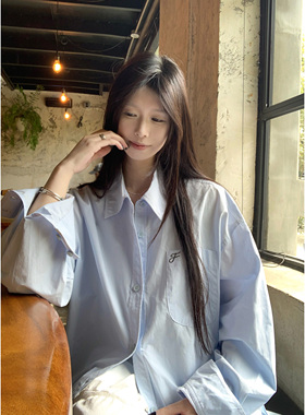 HVIVI刺绣蓝色衬衫女2025春秋新款韩系休闲纯棉宽松外套长袖衬衣