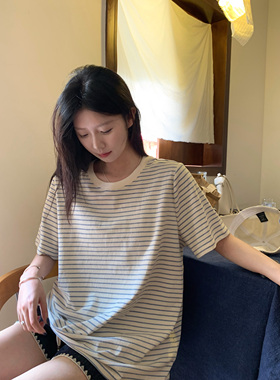 HVIVI设计感撞色条纹T恤女短袖夏季新款宽松百搭圆领正肩体恤上衣
