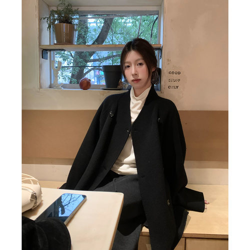 双面驼绒双排扣羊毛大衣外套