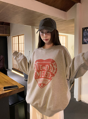 HVIVI 春季新款圆领设计款做旧印花长袖T大廓形套头叠穿上衣女款