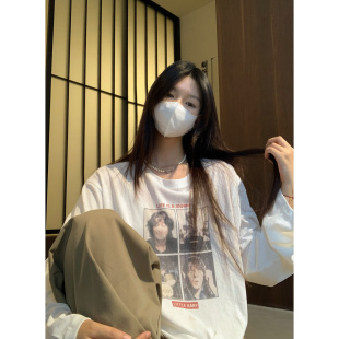 美式 宽松套头圆领薄款 复古印花长袖 2024新款 上衣 T恤女罩衫 HVIVI