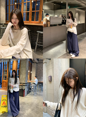 HVIVI松弛大落肩毛边T恤女舒适透气柔软宽松圆领打底长袖上衣秋季