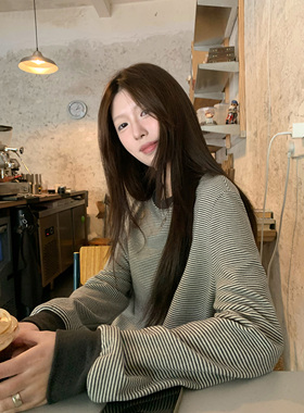 HVIVI宽松软糯磨毛加厚长袖T恤女秋冬加厚撞色条纹休闲打底衫上衣