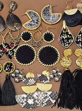 【欧美复古风耳饰合集】C07黑色皮革夸张流苏琉璃大耳环耳钉孤品