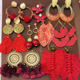 F02外贸夸张流苏醋酸板亚克力水滴皮革耳环耳钉 大红色国风款