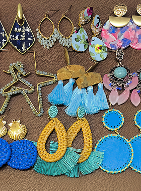 【外贸样品款】E32复古蓝色编织流苏皮革琉璃叶子星星长耳环耳钉