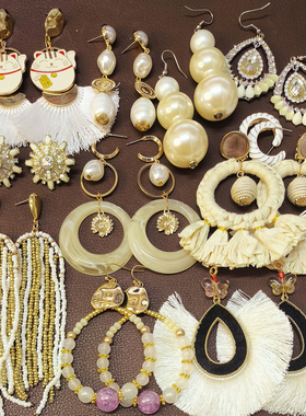 【外贸样品耳饰合集】K17复古白色琉璃花朵大耳环耳钉拍照孤品