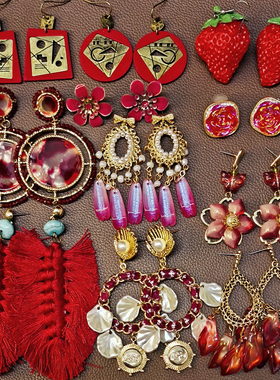 【大红色创意耳饰合集】B03夸张个性不装款草莓花朵流苏耳环耳钉