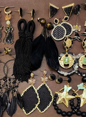 【复古夸张长款】E35黑色高级感流苏长羽毛个性几何造型耳钉耳环