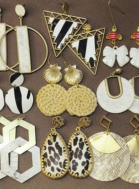 【外贸夸张款耳饰合集】K01复古白色豹纹木质皮革圈圈大耳环耳钉