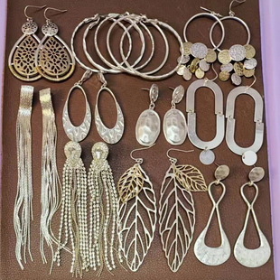 C43复古做旧铜镀银色超长款 合集 流苏镶钻大耳钉 外贸孤品杂款