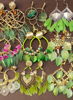 【原创设计款】A34复古绿色琉璃花朵叶子夸张流苏大耳环耳钉孤品