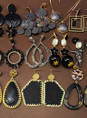 【复古黑色耳饰合集】F13外贸夸张皮革镶钻合金亚克力大耳环耳钉