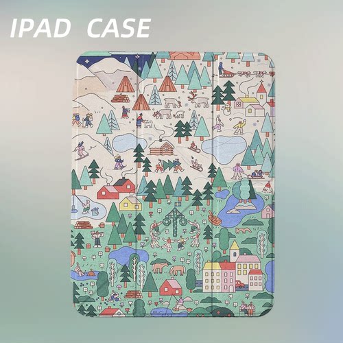 原创艺术雪乡日常iPad2025新款11代苹果Air7防弯Y折ipad壳三折第9代平板壳11寸Pro亚克力适用mini7带笔槽