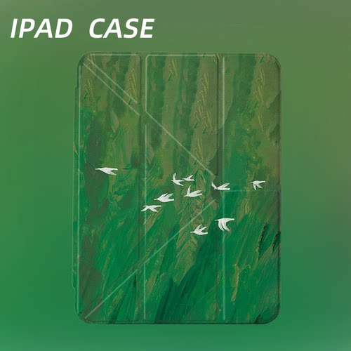 原创小众绿飞鸟油画iPad11代2025新款适用于苹果Air7Y折三折防弯保护套Pro11寸air5平板壳亚克力mini6带笔槽