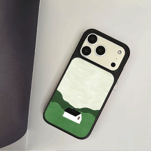 原创简约青坡小屋iPhone17pro手机壳磁吸16promax软壳13磨砂大孔壳苹果15pro艺术全包黑边软壳适用14p晶瓷