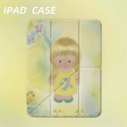 原创软萌黄裙娃娃iPad2025新款11代苹果Air7防弯Y折ipad壳三折第9代平板壳11寸Pro亚克力适用mini7带笔槽