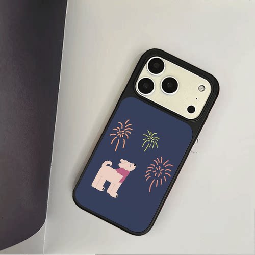 原创可爱烟花小狗iPhone17pro手机壳磁吸16promax软壳13磨砂大孔壳苹果15pro艺术全包黑边软壳适用14p晶瓷