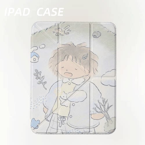 原创软萌抱猫小童iPad2025新款11代苹果Air7防弯Y折ipad壳三折第9代平板壳11寸Pro亚克力适用mini7带笔槽