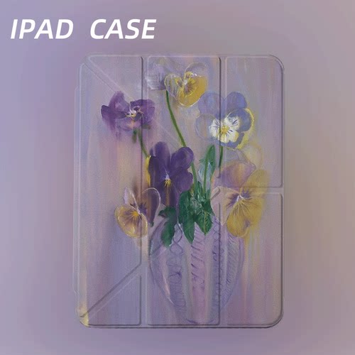 原创艺术紫花容器iPad2025新款11代苹果Air7防弯Y折ipad壳三折第9代平板壳11寸Pro亚克力适用mini7带笔槽