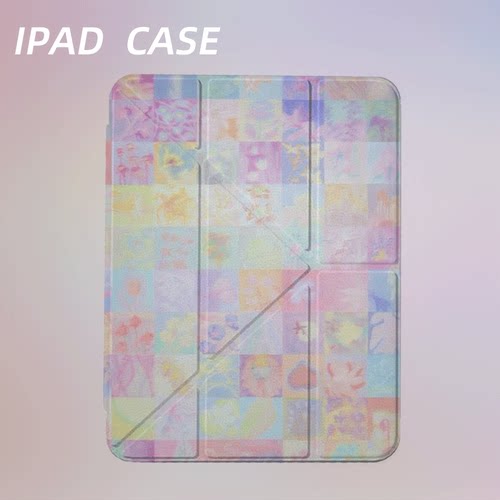 原创艺术粉彩花格iPad2025新款11代苹果Air7防弯Y折ipad壳三折第9代平板壳11寸Pro亚克力适用mini7带笔槽