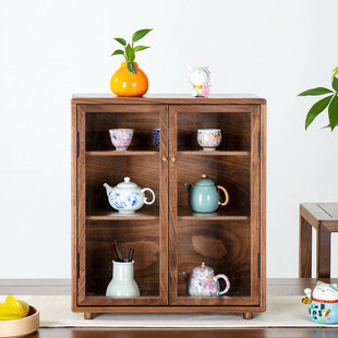 新品南天门北美黑胡桃木忘尘柜原木桌面玻璃收纳柜茶具收纳茶桌