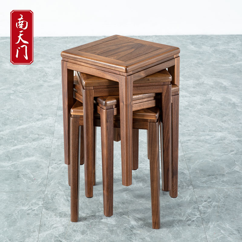 凳子套组北美黑胡桃木四方凳餐椅凳可套叠实木餐凳客人凳备用