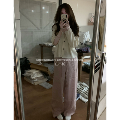 Ninipink自制粉色亚麻休闲裤