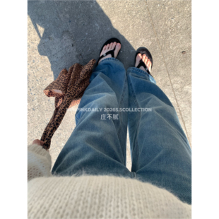 韩系高腰磨白宽松显腿长牛仔裤 Ninipink庄不腻自制 私有神裤