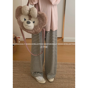 Ninipink庄不腻自制【灰绵绵】软糯感横条纹松紧抽绳显瘦阔腿裤