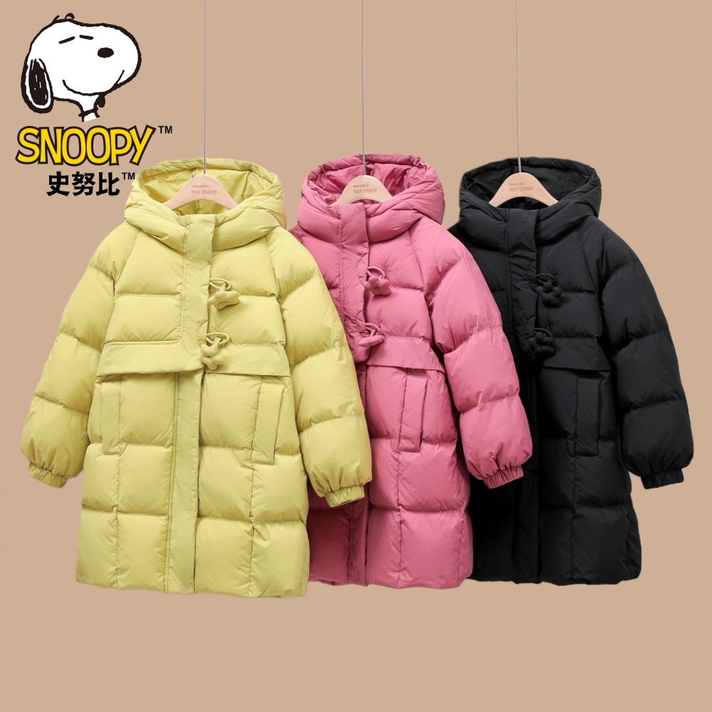 史努比女童羽绒服厚中长款白鸭绒
