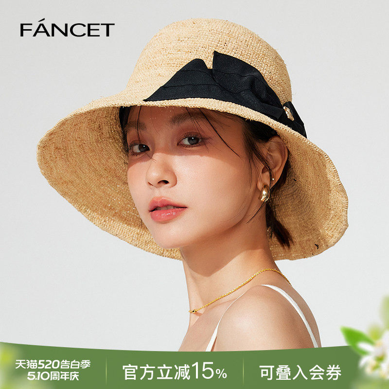FANCET拉菲草帽女春夏季大帽檐沙滩帽防晒遮阳帽蝴蝶结出游太阳