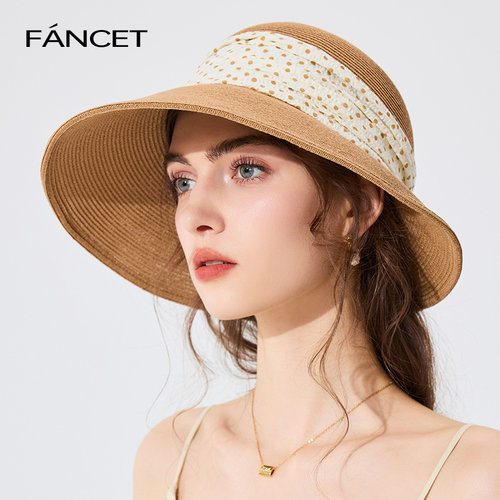FANCET春夏波点褶皱防晒草帽女