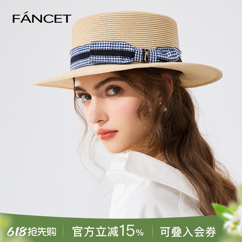 FANCET草帽女春夏百搭复古格纹蝴蝶结腰条平顶遮阳出游防晒帽子