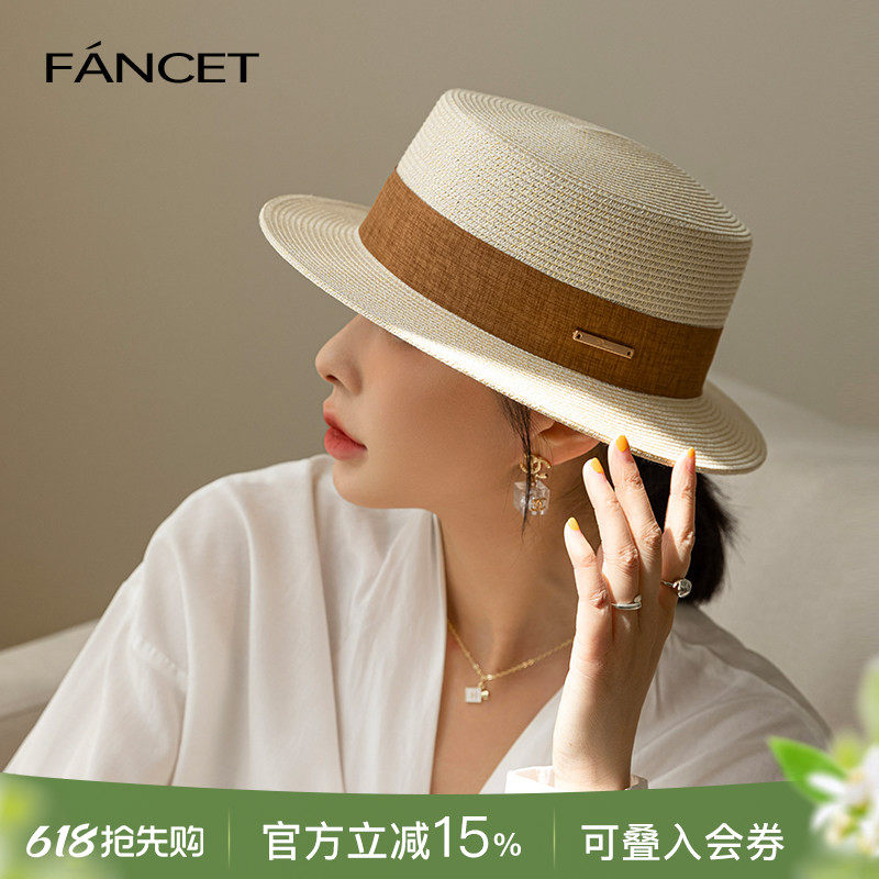 FANCET 平顶草帽女春夏轻奢草编礼帽出游度假帽子防紫外线防晒
