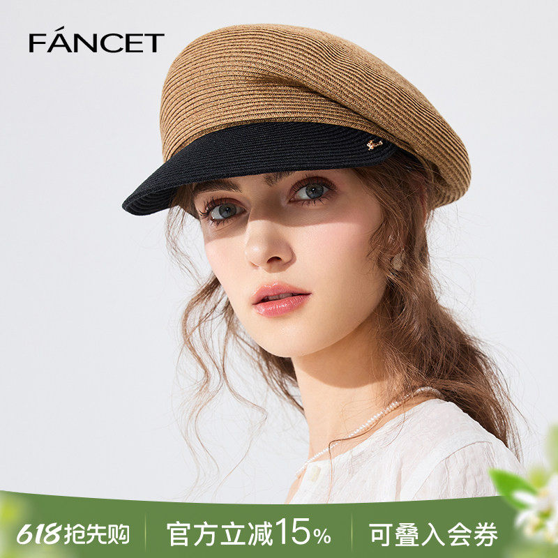 FANCET 鸭舌贝雷帽女春夏草帽法式撞色拼接不对称透气草编贝雷