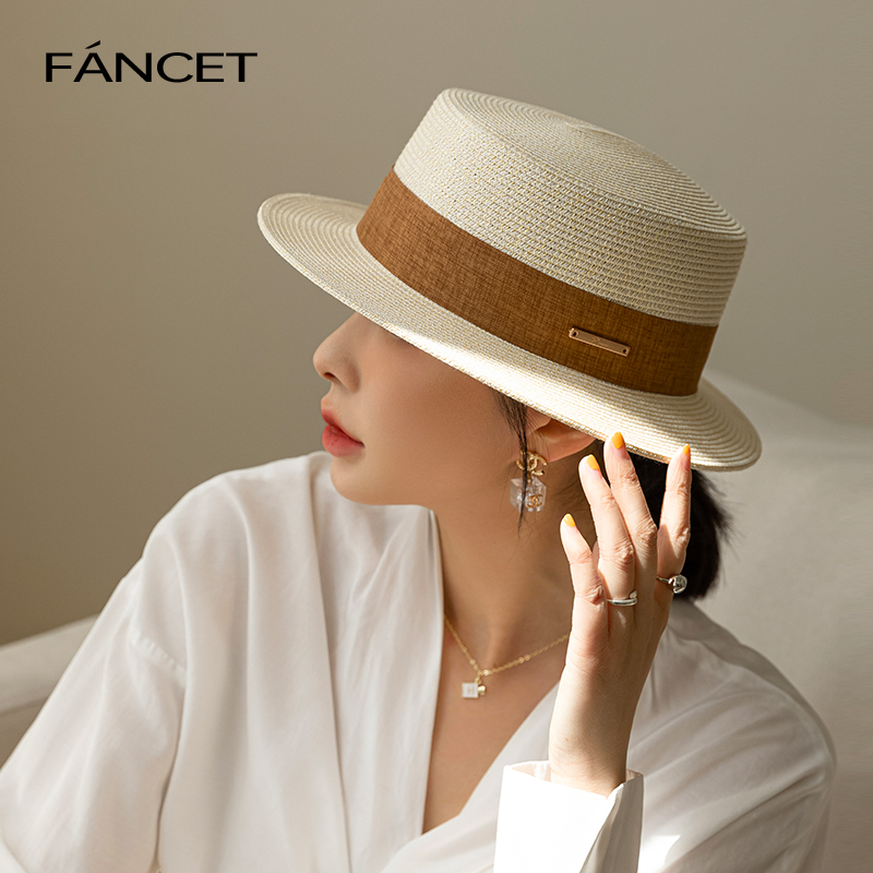 FANCET 平顶草帽女春夏轻奢草编礼帽出游度假帽子防紫外线防晒帽