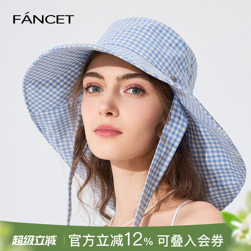 FANCET帽子女春夏防晒帽日系格纹凉帽大檐户外防风出游遮阳太阳