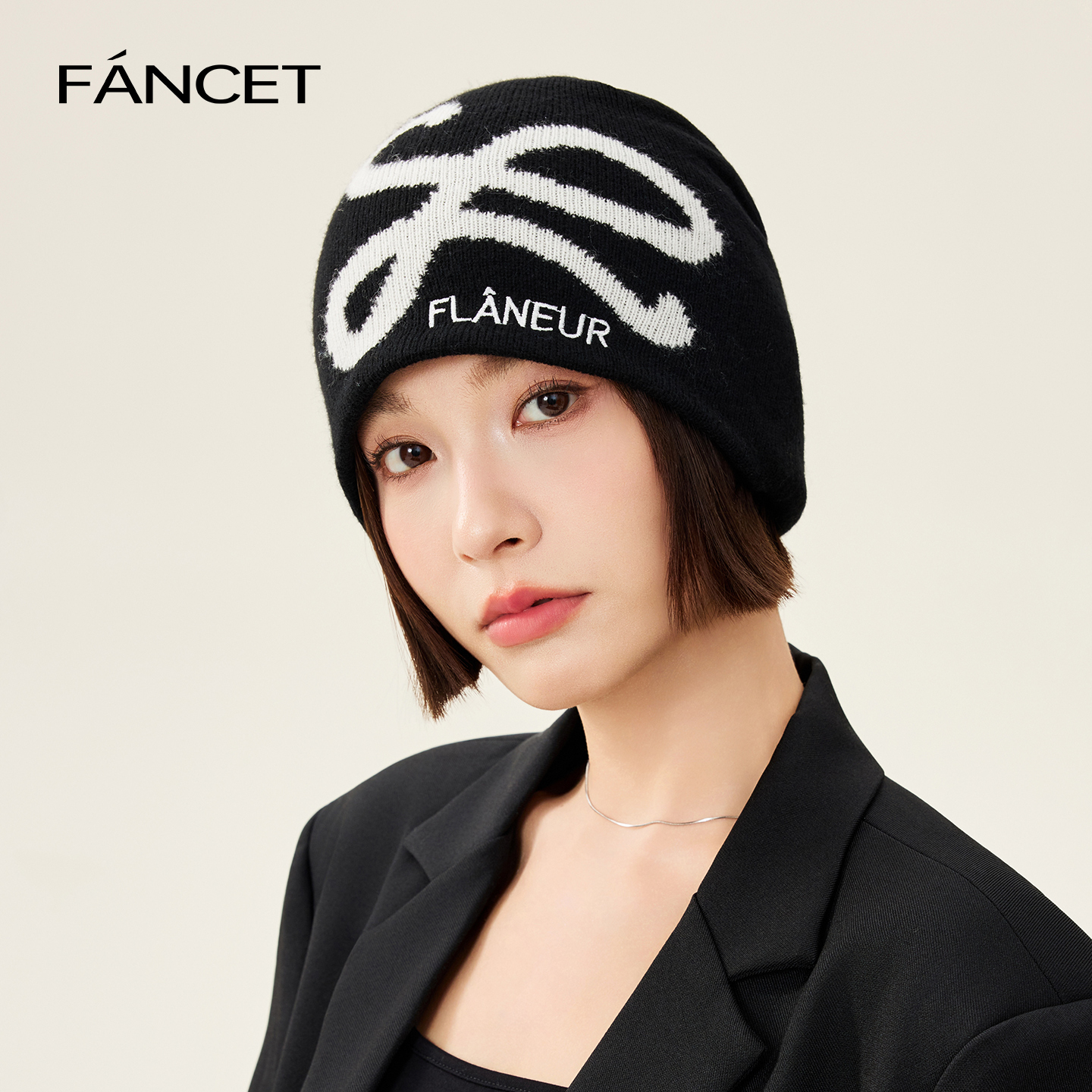 FANCET美式字母提花显脸小针织帽子女羊毛混纺秋冬季保暖套头冷帽