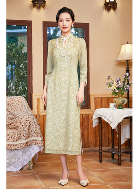 固执新款中式蕾丝改良长袖旗袍中长连衣裙44233QP08240