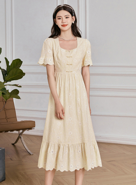 固执夏季新款中国风方领短袖荷叶边中长款连衣裙50832LQ08113