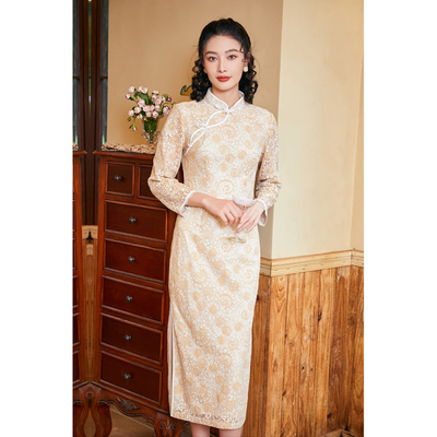 固执新款中式蕾丝中长款改良旗袍长袖连衣裙80133QP08379