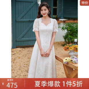 中长连衣裙80132LQ07879 固执2025夏季 新款 欧式 方领蕾丝短袖