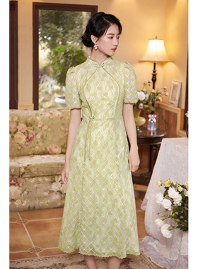固执2023秋季新款中国风立领蕾丝短袖中长连衣裙40933LQ08283