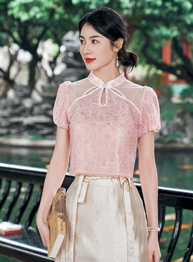 固执夏季新款中式立领钉珠拼接泡泡袖蕾丝衫女装80042SY09243