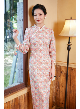 固执新款中式长袖亮片改良旗袍中长连衣裙33433QP08333