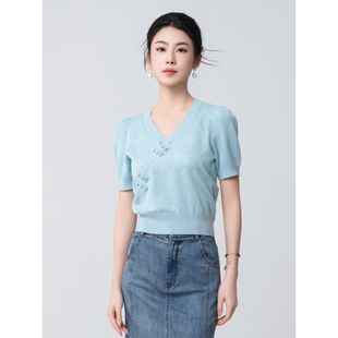 【特价】固执夏季温婉古风盘扣V领短款雾霾蓝新中式短袖上衣 9189