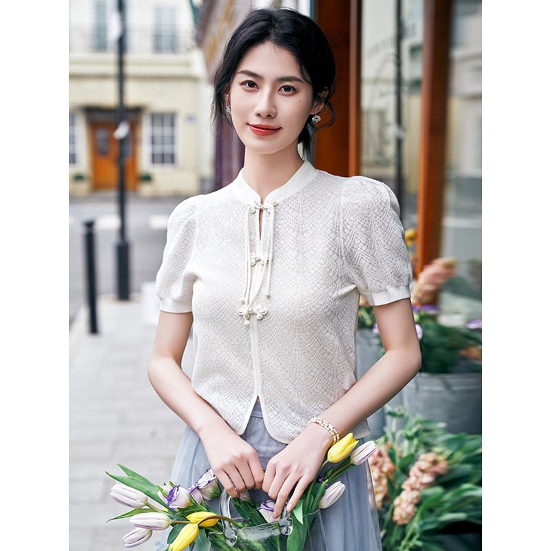 固执夏季新款新中式立领泡泡袖短款针织衫女装10842MY09330