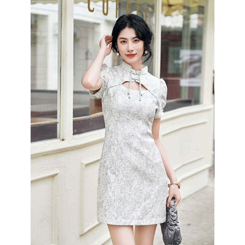 固执中国风旗袍提花短袖连衣裙