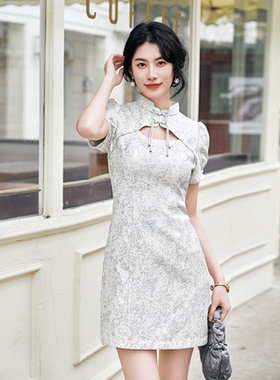 固执夏季新款中式立领提花泡泡短袖旗袍连衣裙30042QP09196